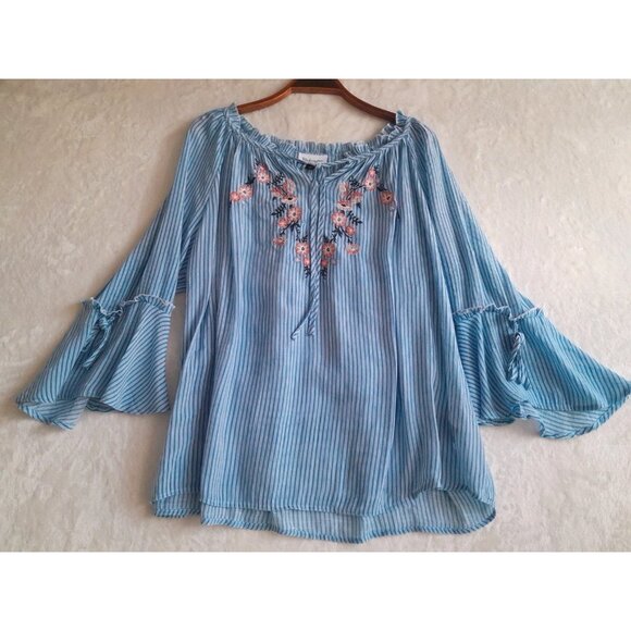 Vtg Womens Boho Embroidered Peasant Flared Sleeve Size Large Oversized Blouse - Picture 1 of 7